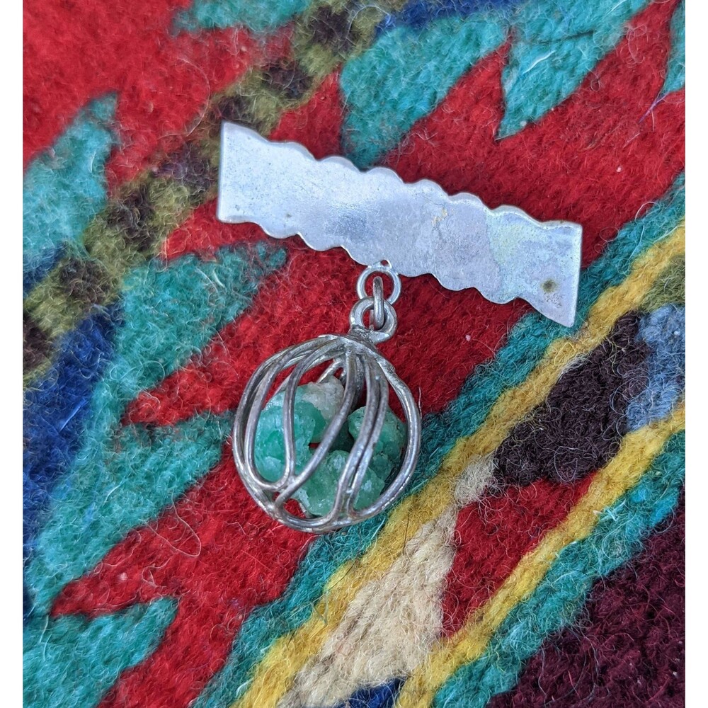 Vintage Colombian Raw Emerald Silver Cage Brooch Pin